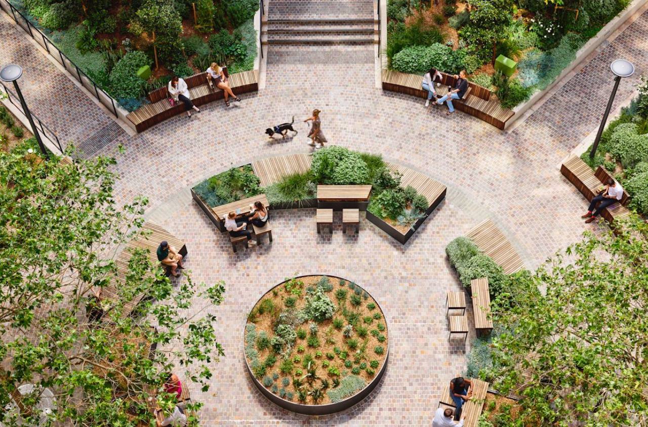 Aerial photo of the space in front of a luxury mall with porphyry flooring